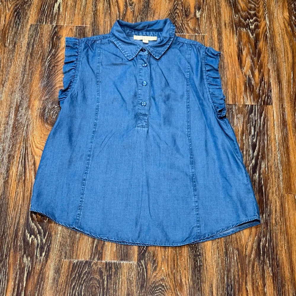 Hope & Harlow Small Blouse Womens Blue Ruffle Sleeveless Chambray Lyocell Top